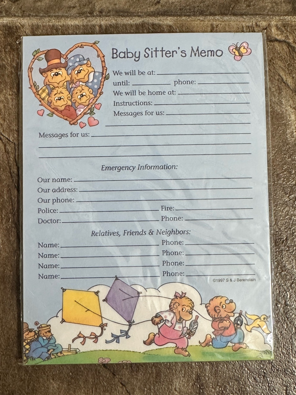 Vintage 1997 Berenstain Bears Magnetic Babysitter Memo Pad NWT